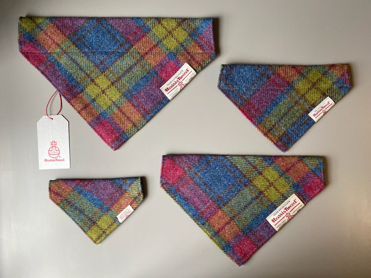 Harris Tweed dog bandana neckerchief in blue, hunting green & red check tartan pattern. Sizes S M L XL pet scarf