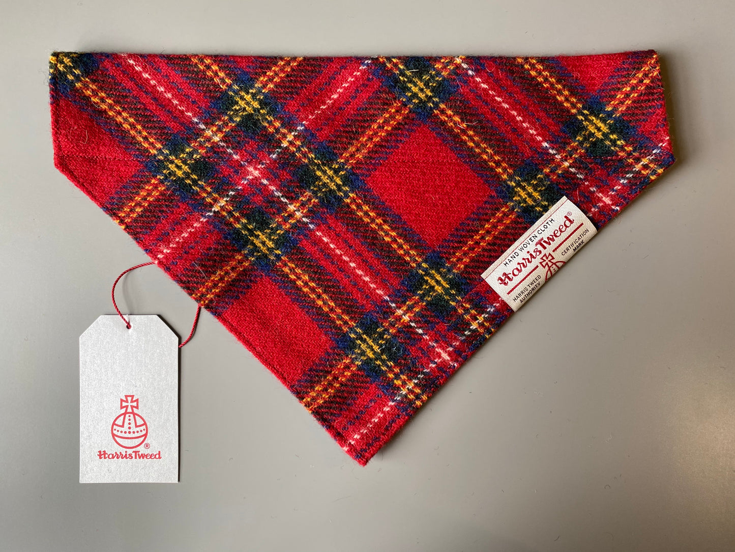 Harris Tweed dog Bandana neckerchief in red yellow blue check tartan pattern. Sizes S M L XL pet scarf