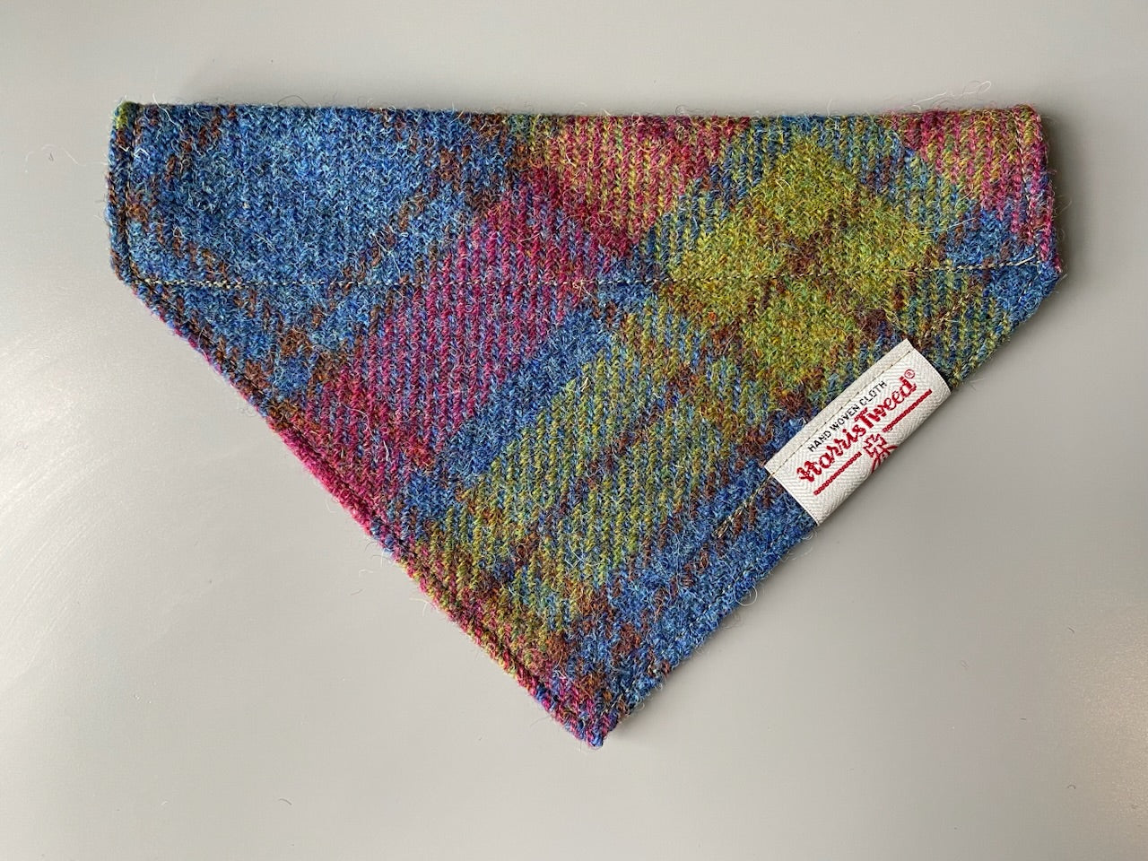 Harris Tweed dog bandana neckerchief in blue, hunting green & red check tartan pattern. Sizes S M L XL pet scarf