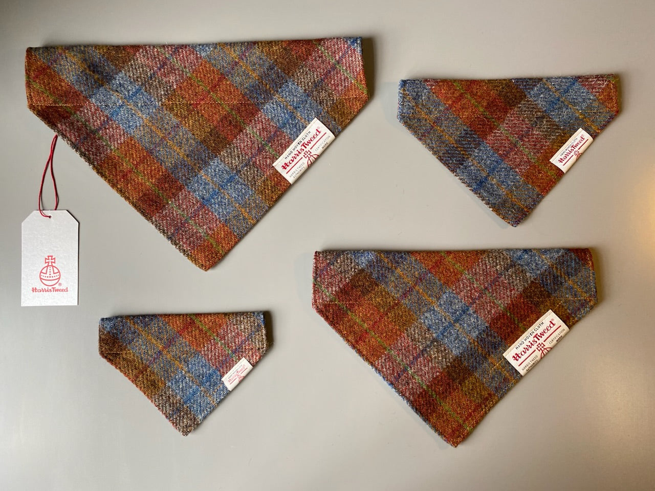 Harris Tweed dog bandana neckerchief in rust orange, blue & brown check tartan or plaid pattern. Sizes S, M, L + XL pet scarf