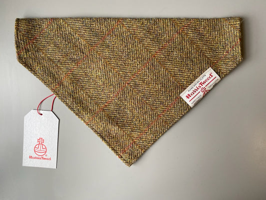 Harris Tweed dog bandana neckerchief in olive green herringbone pattern. Sizes S, M, L + XL pet scarf