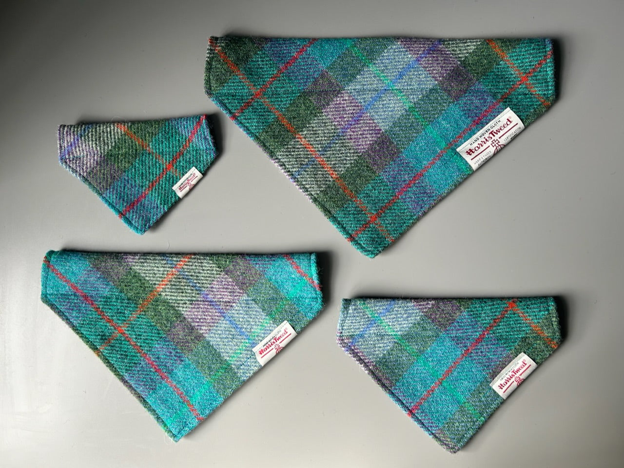 Harris Tweed dog bandana neckerchief in blue green and purple check / tartan Sizes S M L XL pet scarf