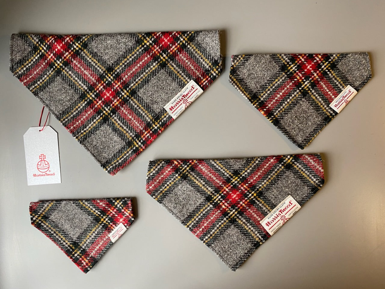 Harris Tweed dog Bandana neckerchief in grey and red check tartan pattern. Size S M L XL pet scarf