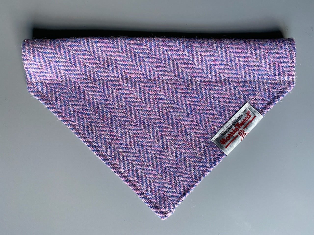 Harris Tweed dog bandana neckerchief in pink Herringbone chevron pattern. Sizes S M L XL pet scarf