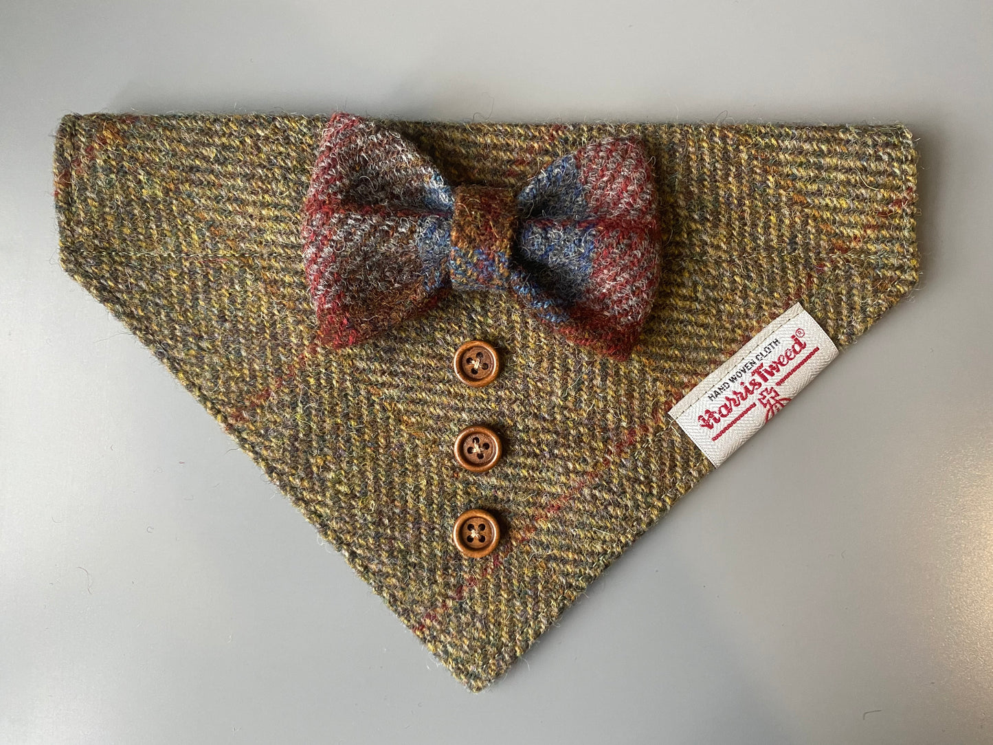 Harris Tweed wedding tux dog bandana neckerchief & bow green herringbone Sizes S M L XL pet scarf