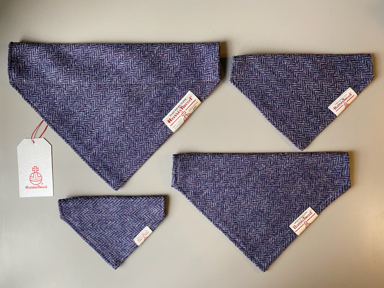 Harris Tweed dog bandana neckerchief in purple and black herringbone chevron pattern. Sizes S M L XL pet scarf