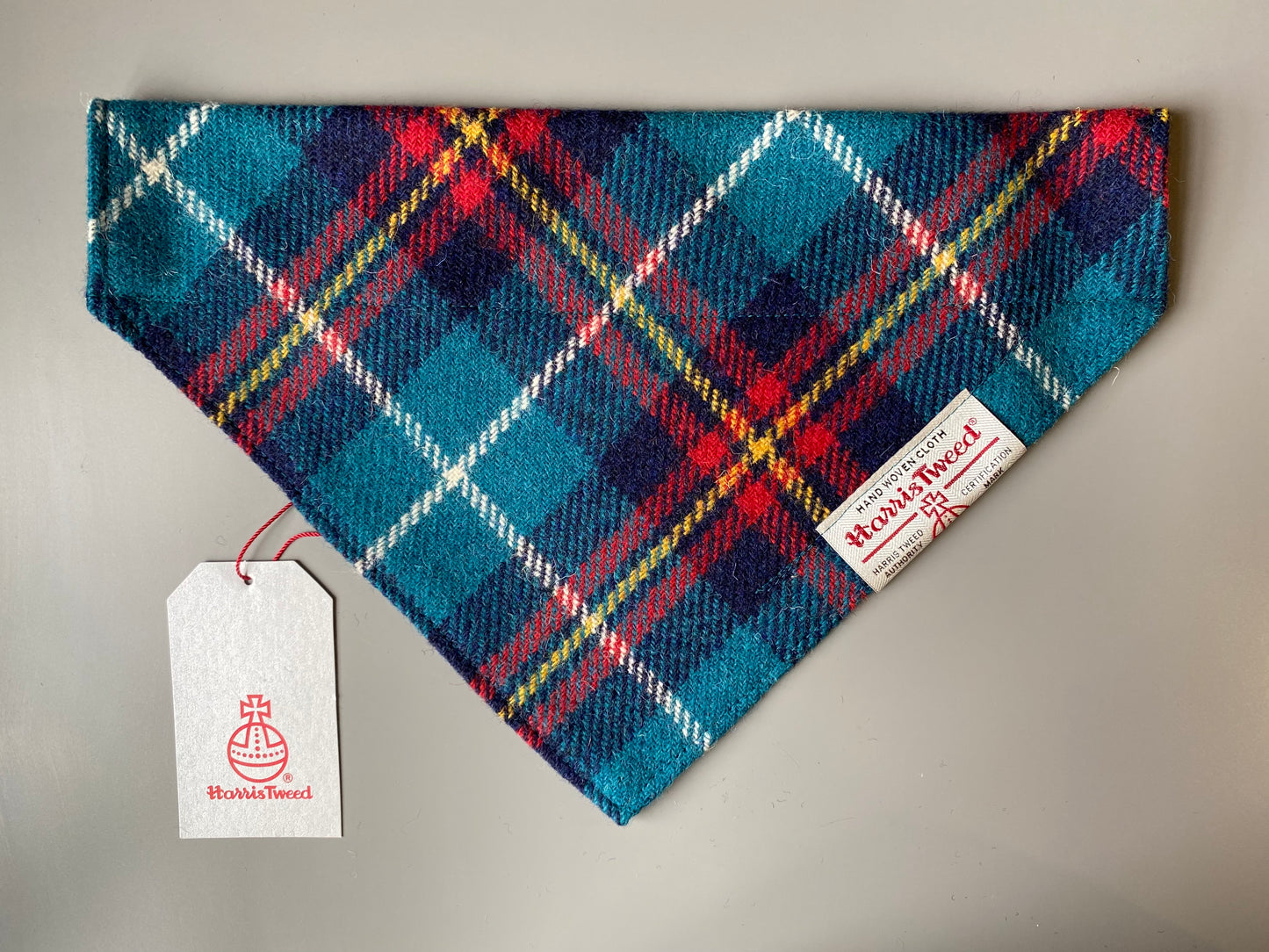 Harris Tweed dog bandana neckerchief in blue and red check / tartan pattern. Sizes S M L XL pet scarf