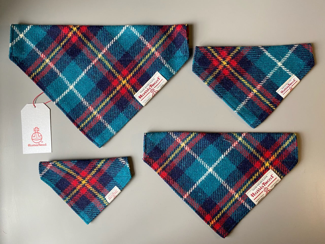 Harris Tweed dog bandana neckerchief in blue and red check / tartan pattern. Sizes S M L XL pet scarf