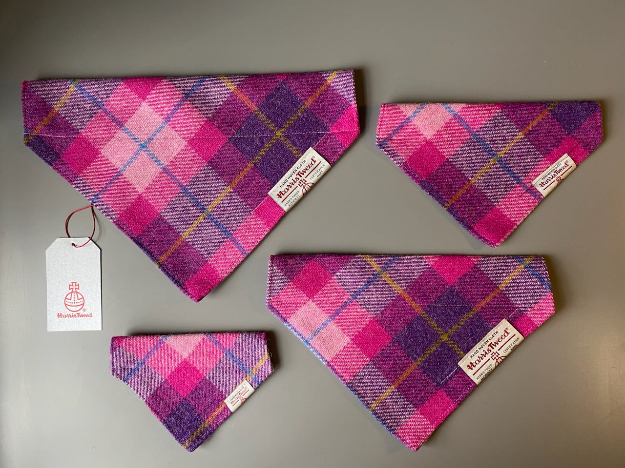 Harris Tweed dog bandana in a bright pink and purple check / tartan Sizes S M L XL pet scarf