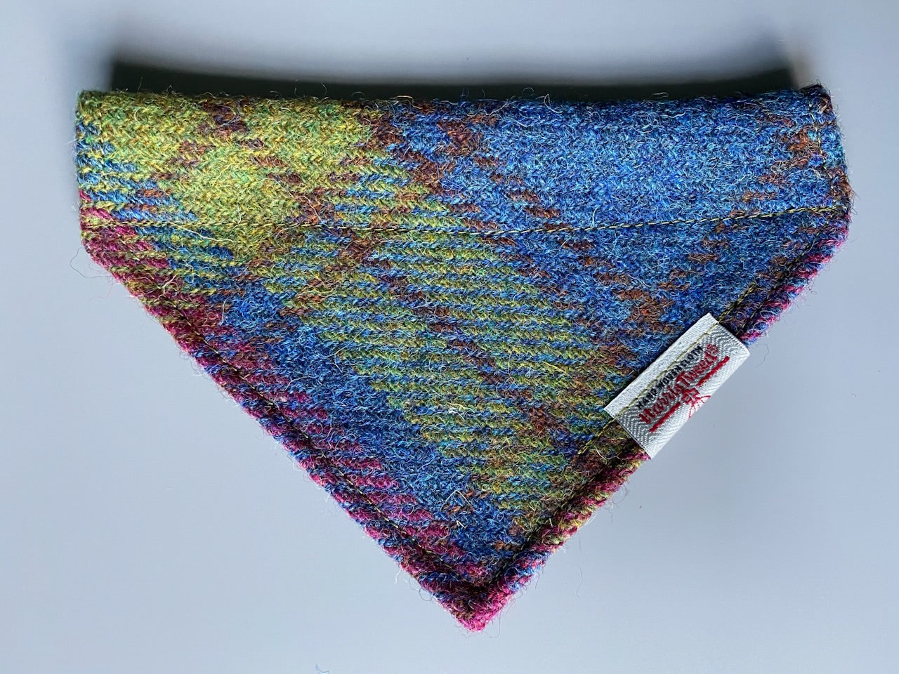 Harris Tweed dog bandana neckerchief in blue, hunting green & red check tartan pattern. Sizes S M L XL pet scarf