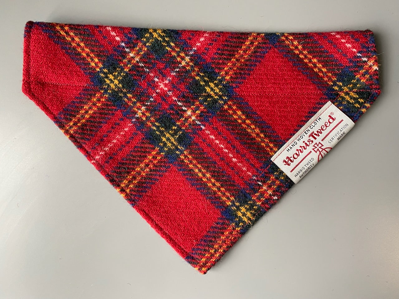 Harris Tweed dog Bandana neckerchief in red yellow blue check tartan pattern. Sizes S M L XL pet scarf