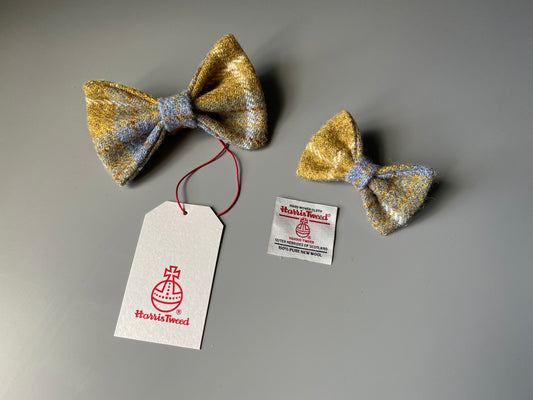 Harris Tweed Dog Collar Dickie Bow Tie Mustard / Gold & blue check tartan bow tie / charm