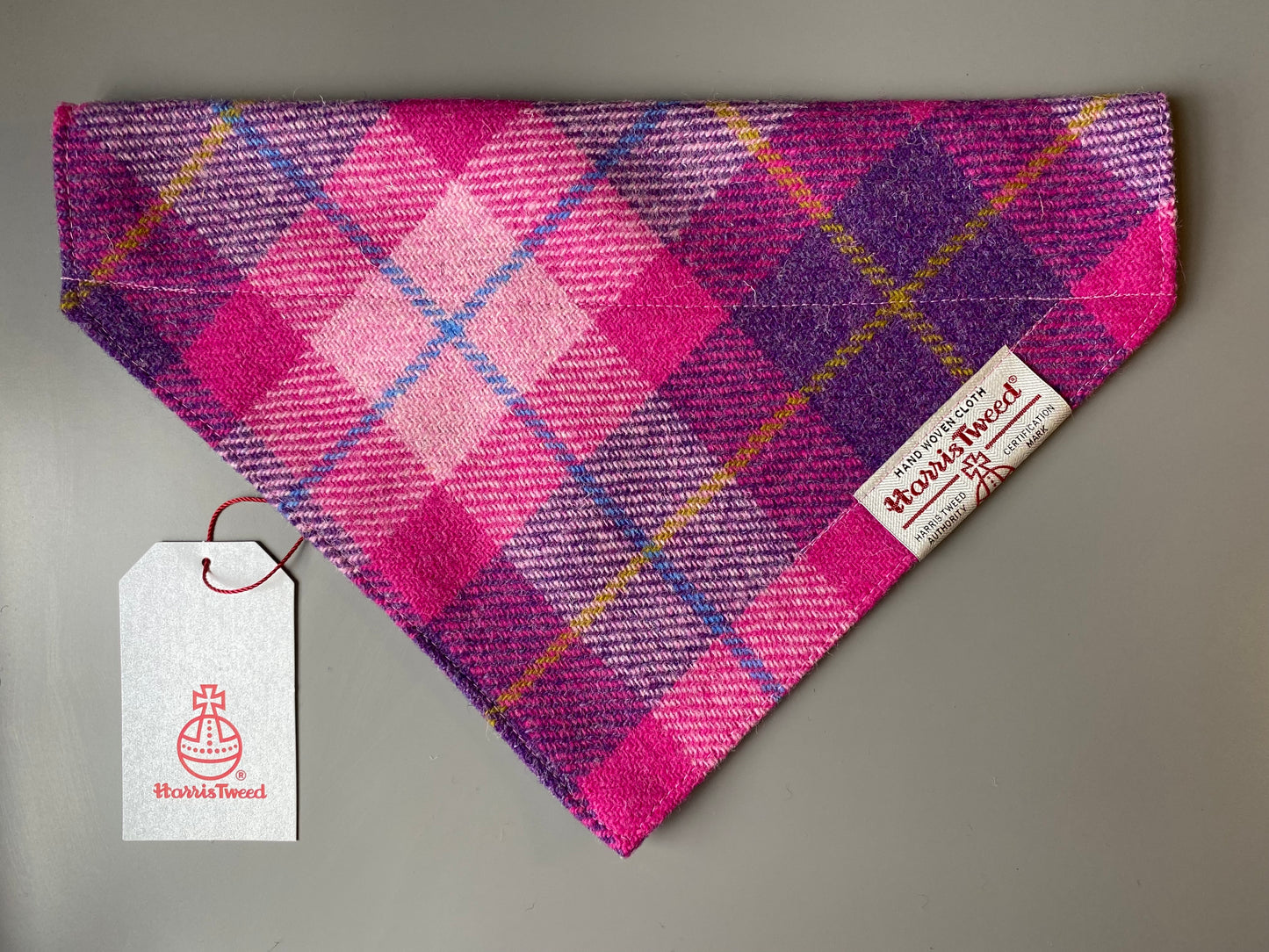 Harris Tweed dog bandana in a bright pink and purple check / tartan Sizes S M L XL pet scarf