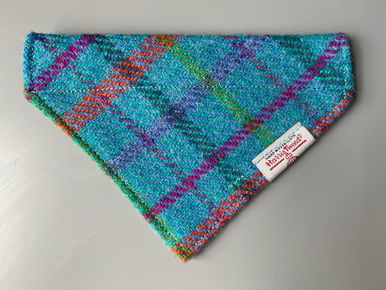 Harris Tweed dog bandana neckerchief in bright sky blue check tartan pattern. Sizes S M L XL pet scarf