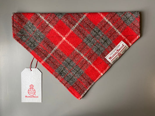 Harris Tweed dog Bandana neckerchief in red and grey check tartan pattern. Sizes S M L XL pet scarf