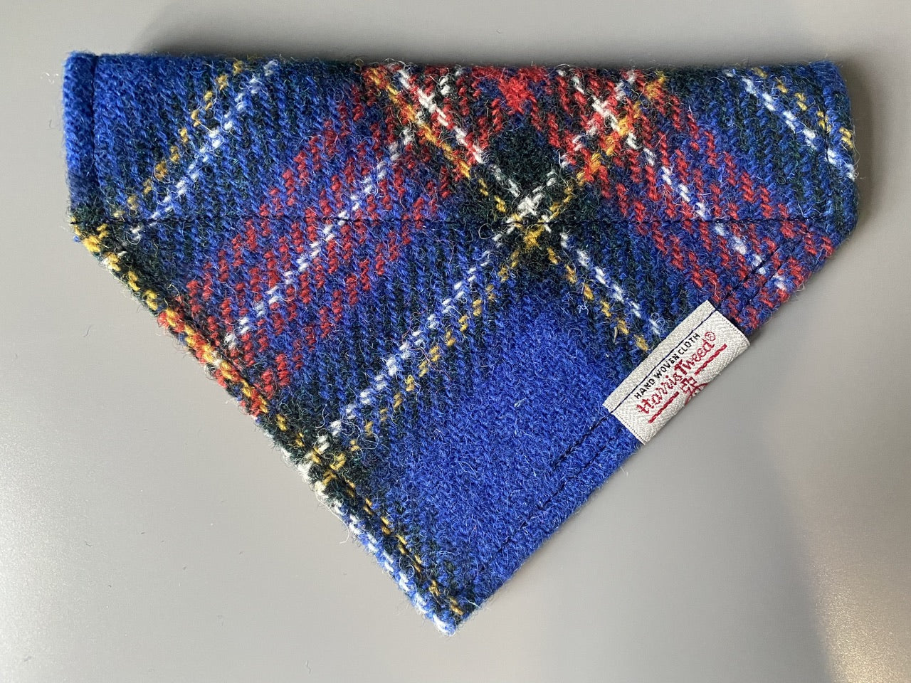 Harris Tweed dog bandana neckerchief in blue and red check / tartan pattern. Sizes S M L XL pet scaf