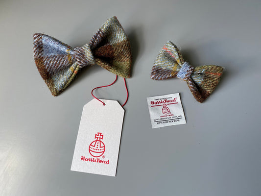 Harris Tweed Dickie Bow Tie Dog Collar Charm Green brown & blue check McLeod tartan charm