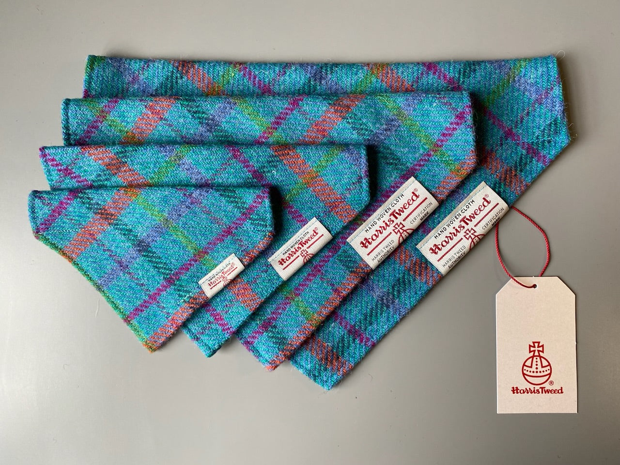 Harris Tweed dog bandana neckerchief in bright sky blue check tartan pattern. Sizes S M L XL pet scarf