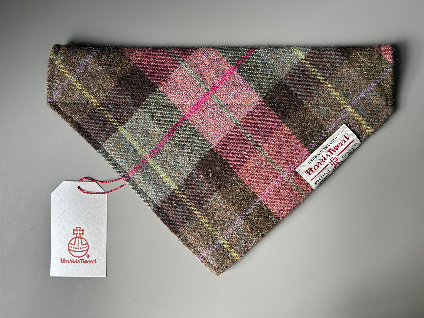 Harris Tweed dog bandana neckerchief in a pink and grey check, tartan pattern. Sizes S M L XL pet scarf