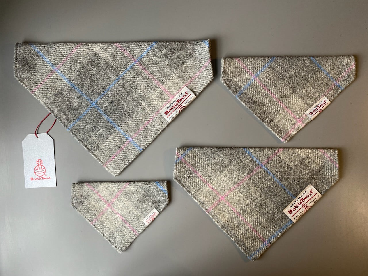 Harris Tweed dog bandana neckerchief in grey and pink check tartan. Sizes S M L XL pet scarf