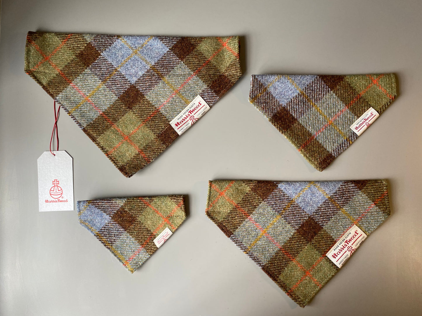 Harris Tweed dog bandana neckerchief in McLeod tartan green, blue & brown check tartan or plaid pattern. Sizes S, M, L + XL pet scarf