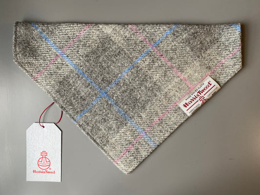 Harris Tweed dog bandana neckerchief in grey and pink check tartan. Sizes S M L XL pet scarf