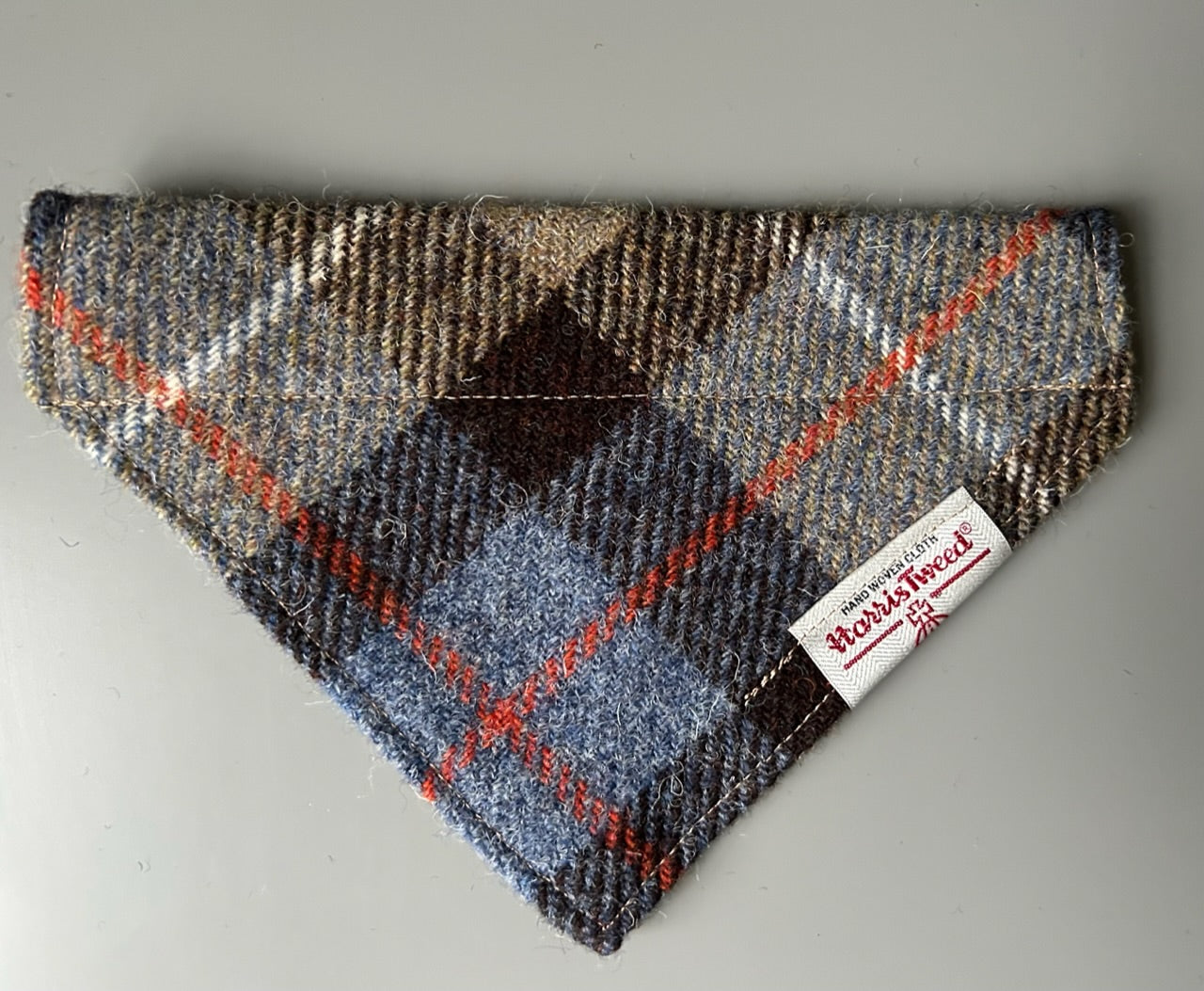 Harris Tweed dog bandana neckerchief in beige, blue & brown check tartan or plaid pattern. Sizes S, M, L + XL pet scarf