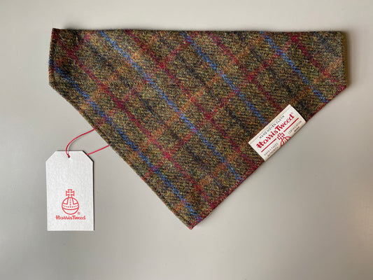 Harris Tweed dog bandana neckerchief in hunting green, red & blue check tartan plaid pattern. Sizes S M L XL pet scarf