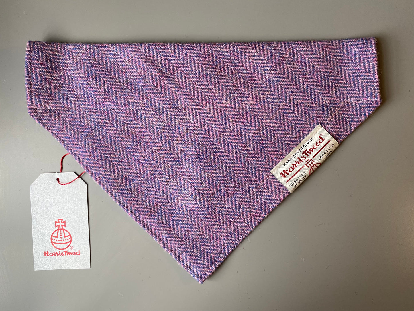 Harris Tweed dog bandana neckerchief in pink Herringbone chevron pattern. Sizes S M L XL pet scarf