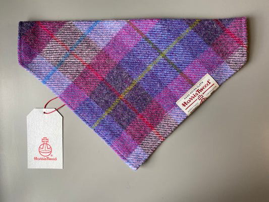 Harris Tweed dog bandana neckerchief in a pink, purple and blue check, tartan pattern. Sizes S M L XL pet scarf