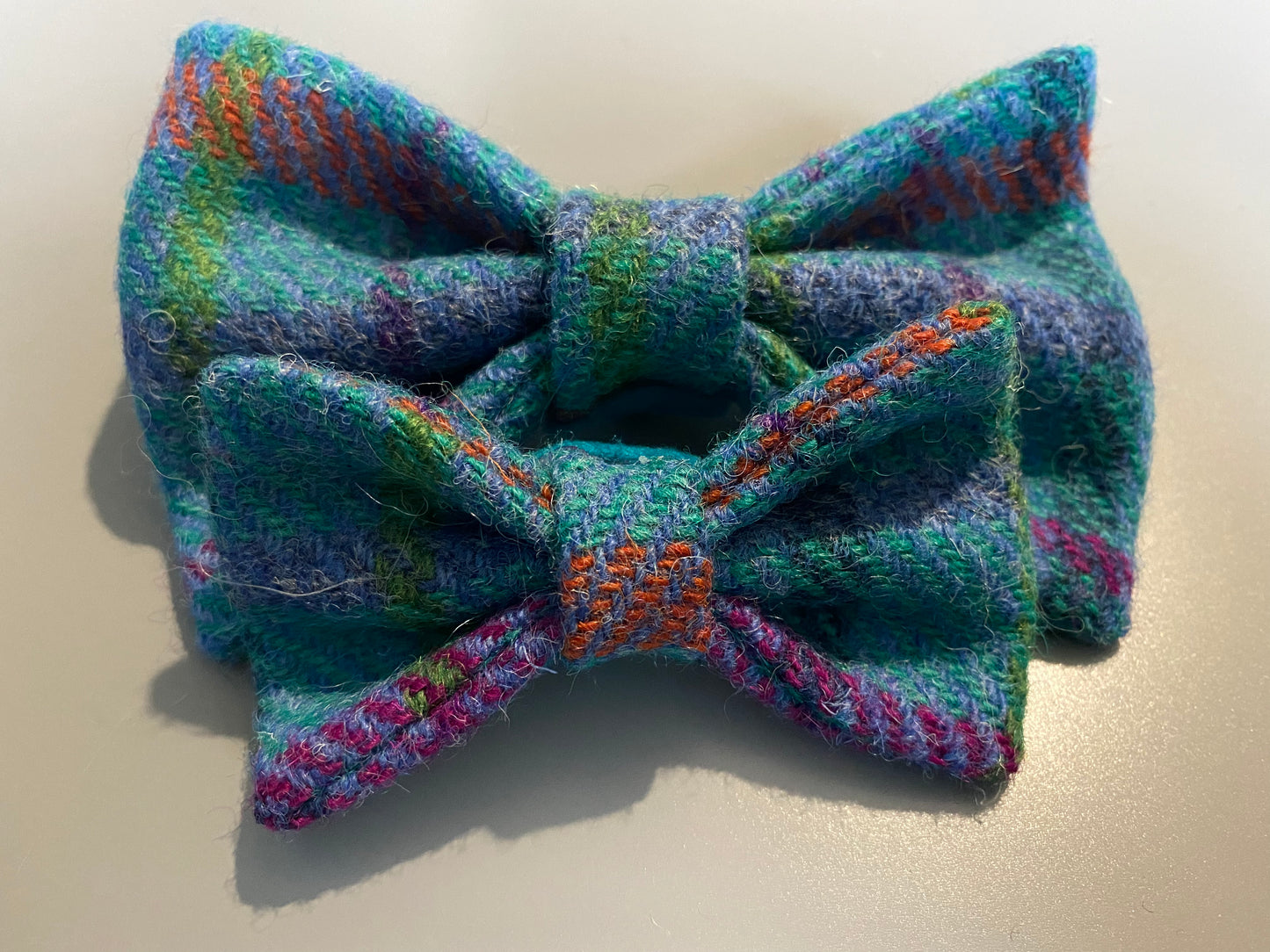 Harris Tweed Dog Collar Dickie Bow Tie Charm in bright blue check pattern pet neckwear