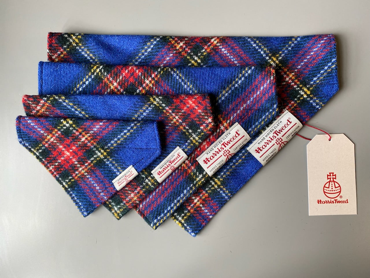 Harris Tweed dog bandana neckerchief in blue and red check / tartan pattern. Sizes S M L XL pet scaf