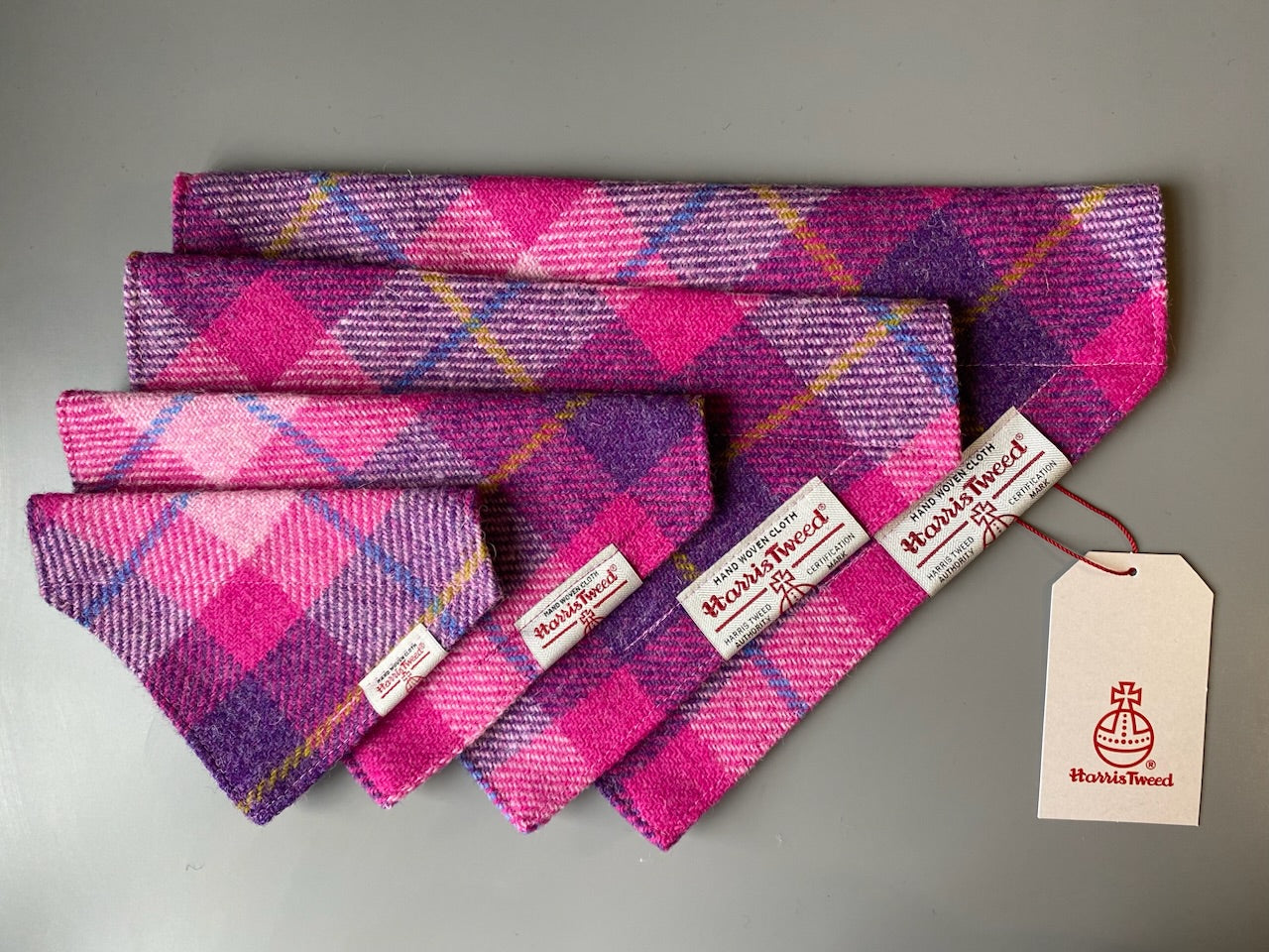 Harris Tweed dog bandana in a bright pink and purple check / tartan Sizes S M L XL pet scarf