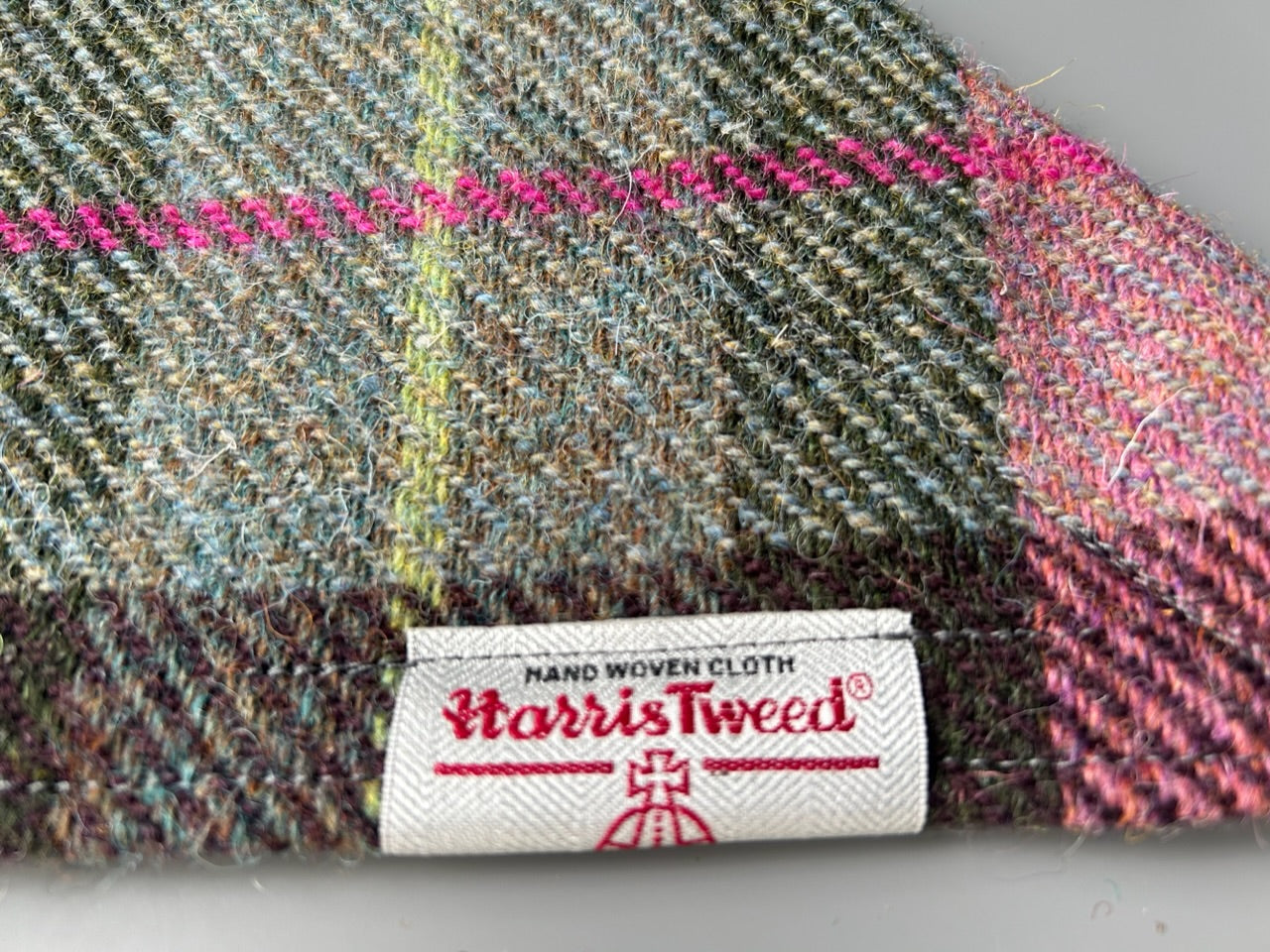 Harris Tweed dog bandana neckerchief in a pink and grey check, tartan pattern. Sizes S M L XL pet scarf