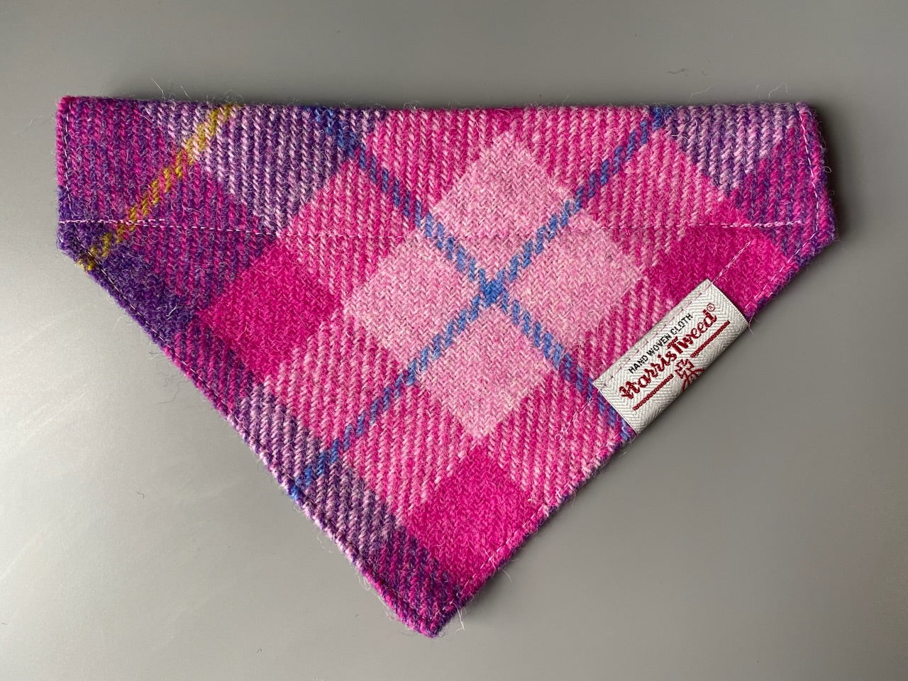 Harris Tweed dog bandana in a bright pink and purple check / tartan Sizes S M L XL pet scarf