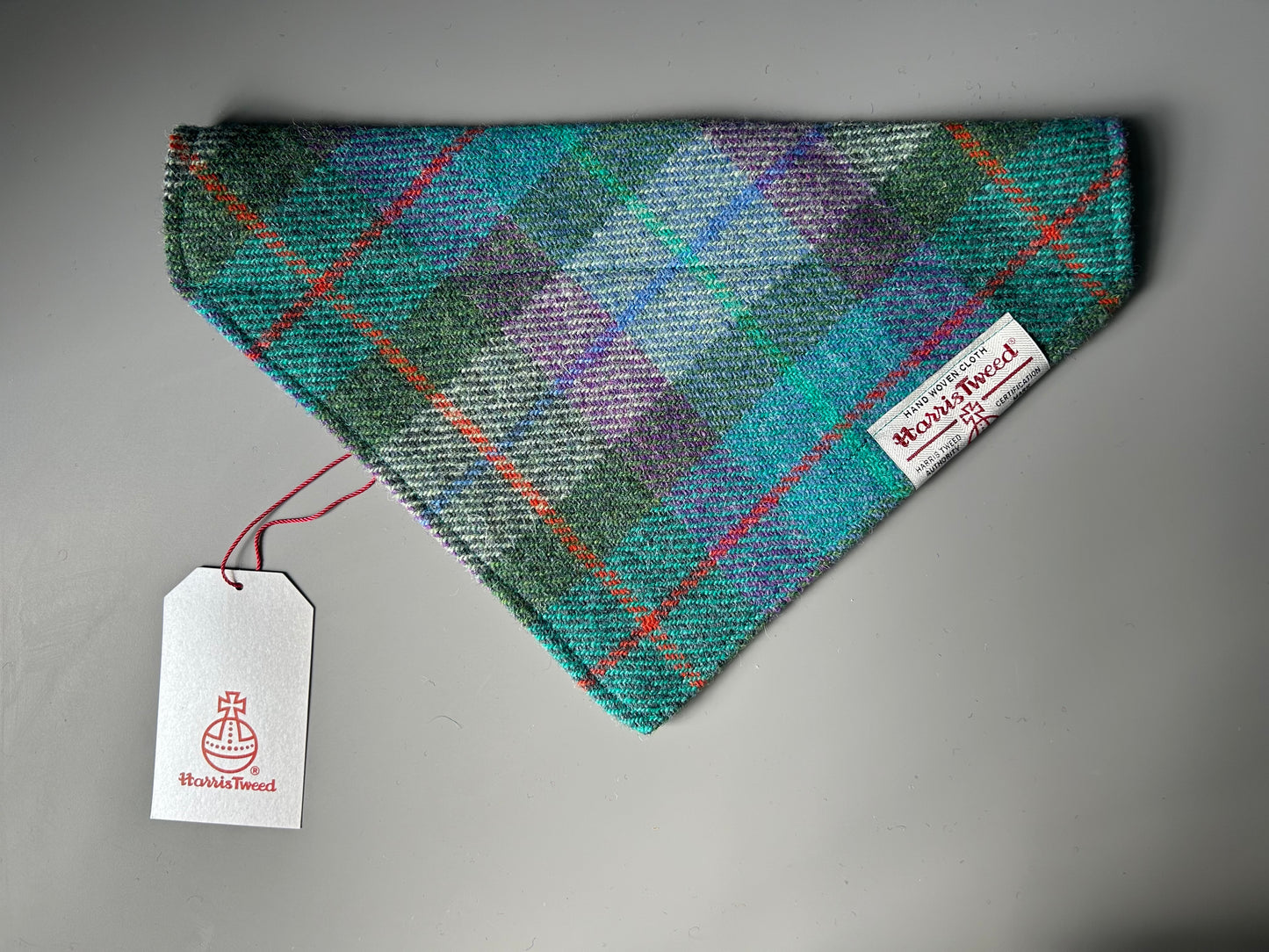 Harris Tweed dog bandana neckerchief in blue green and purple check / tartan Sizes S M L XL pet scarf