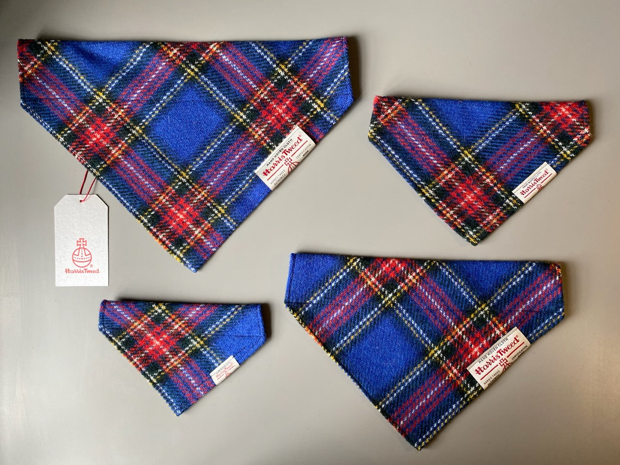 Harris Tweed dog bandana neckerchief in blue and red check / tartan pattern. Sizes S M L XL pet scaf