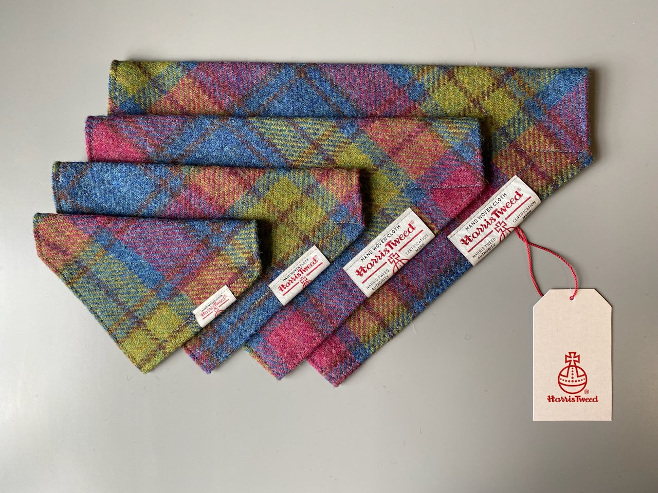 Harris Tweed dog bandana neckerchief in blue, hunting green & red check tartan pattern. Sizes S M L XL pet scarf