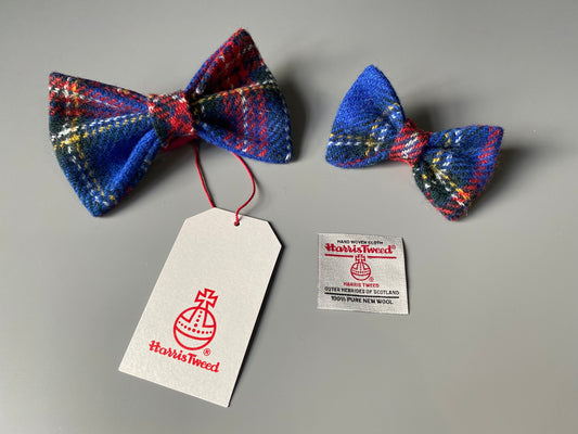 Harris Tweed Bow Dog Collar Royal blue & red check tartan dickie bow tie charm