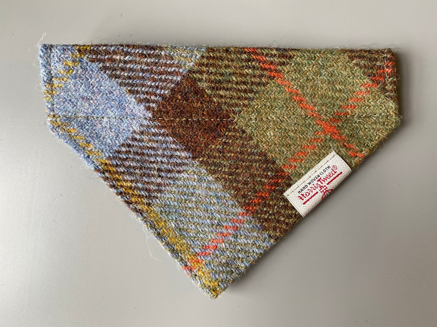 Harris Tweed dog bandana neckerchief in McLeod tartan green, blue & brown check tartan or plaid pattern. Sizes S, M, L + XL pet scarf