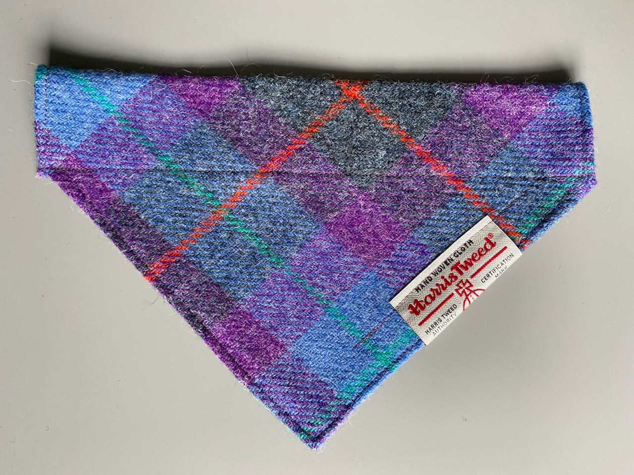 Harris Tweed dog bandana neckerchief in purple and grey check tartan pattern. Sizes S M L XL pet scarf