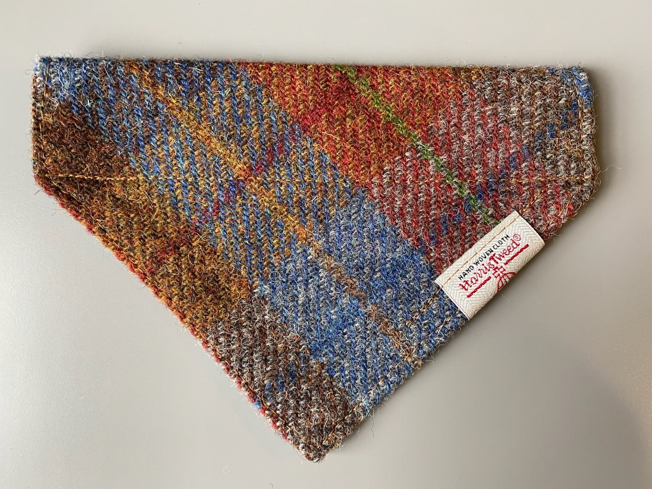 Harris Tweed dog bandana neckerchief in rust orange, blue & brown check tartan or plaid pattern. Sizes S, M, L + XL pet scarf