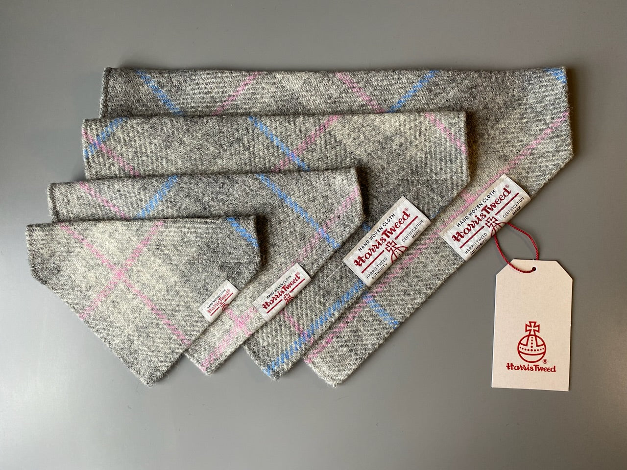 Harris Tweed dog bandana neckerchief in grey and pink check tartan. Sizes S M L XL pet scarf