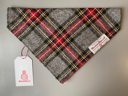 Harris Tweed dog Bandana neckerchief in grey and red check tartan pattern. Size S M L XL pet scarf