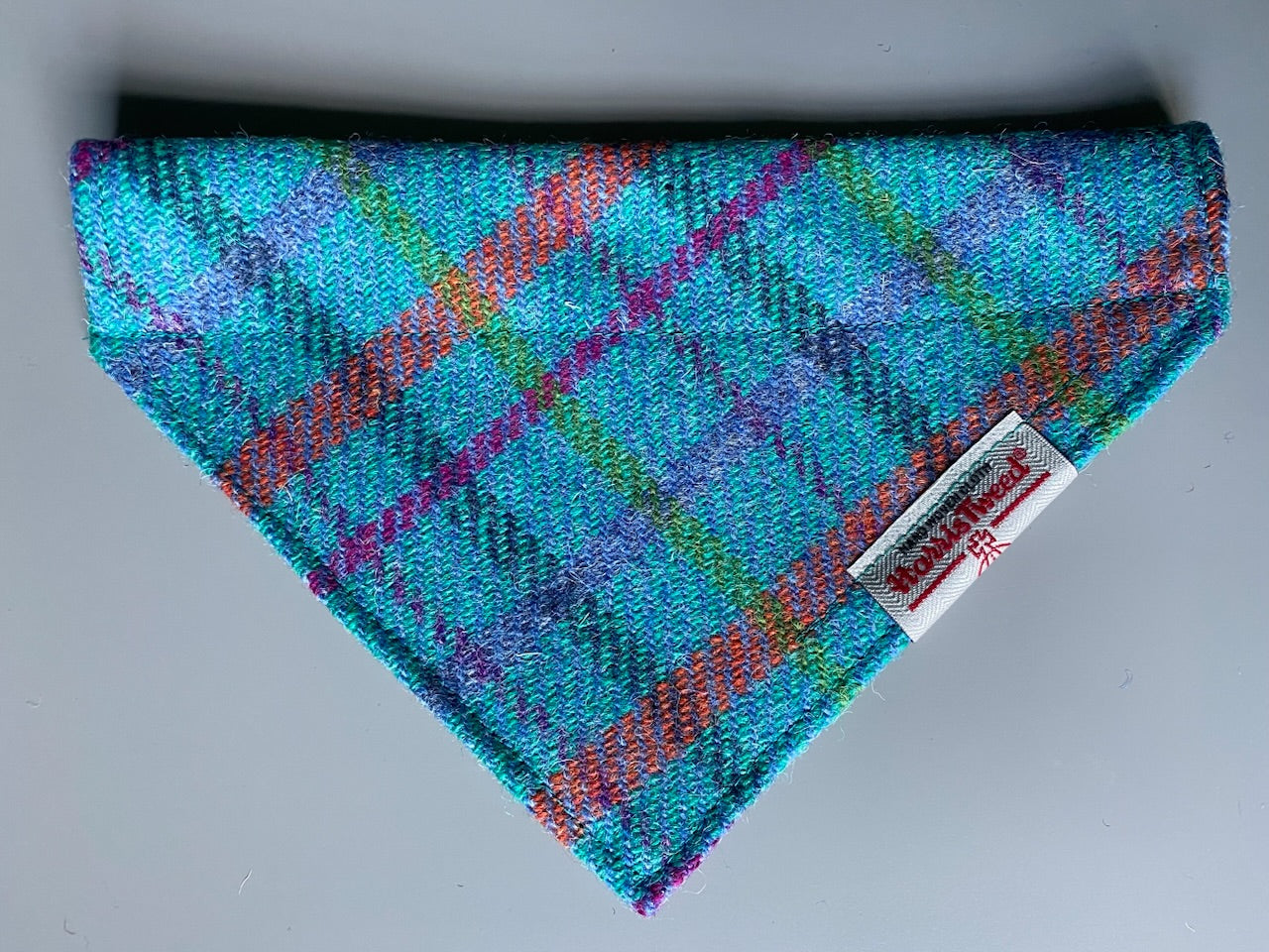 Harris Tweed dog bandana neckerchief in bright sky blue check tartan pattern. Sizes S M L XL pet scarf