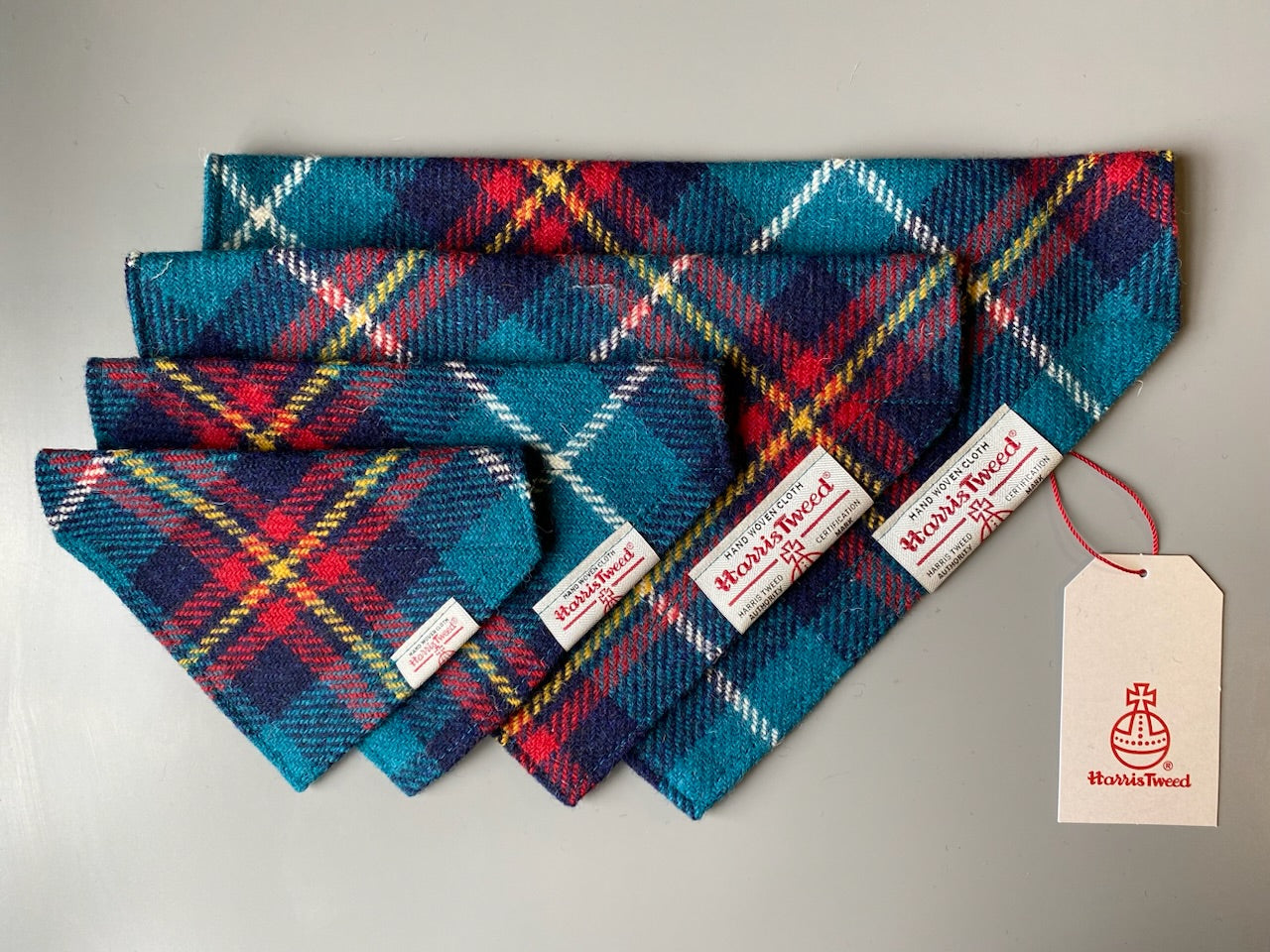 Harris Tweed dog bandana neckerchief in blue and red check / tartan pattern. Sizes S M L XL pet scarf