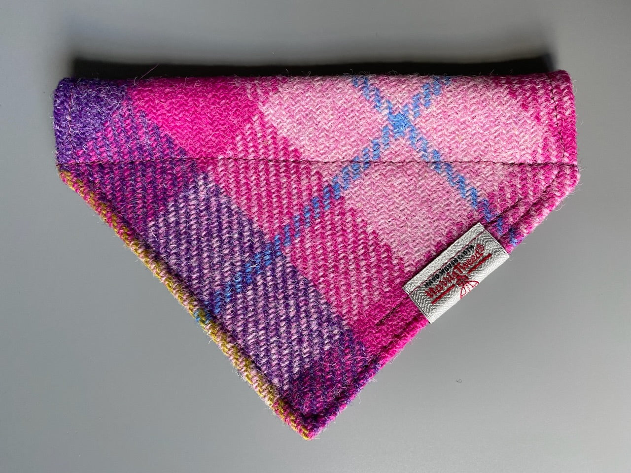 Harris Tweed dog bandana in a bright pink and purple check / tartan Sizes S M L XL pet scarf