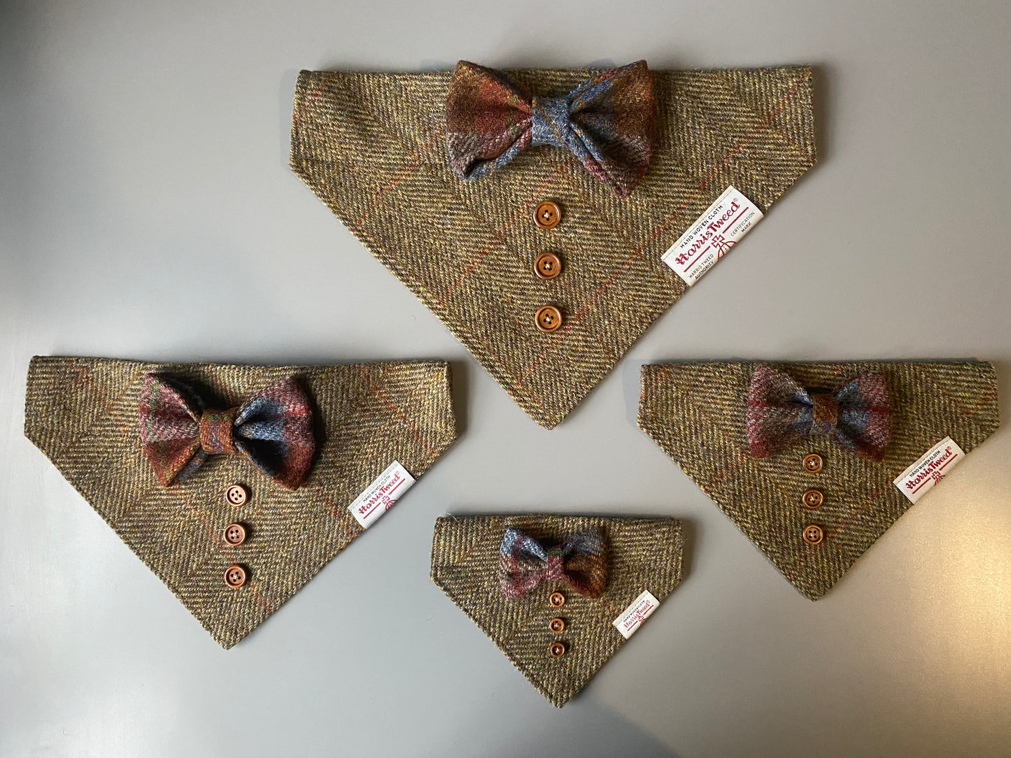 Harris Tweed wedding tux dog bandana neckerchief & bow green herringbone Sizes S M L XL pet scarf