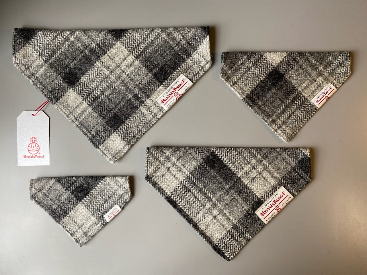 Harris Tweed dog bandana neckerchief in grey check tartan or plaid. Sizes S M L XL pet scarf