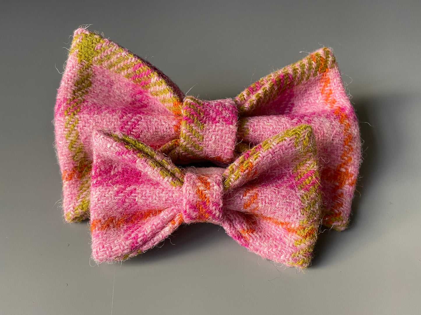 Harris Tweed Dickie Bow Tie Dog Collar Charm in baby pink check tartan